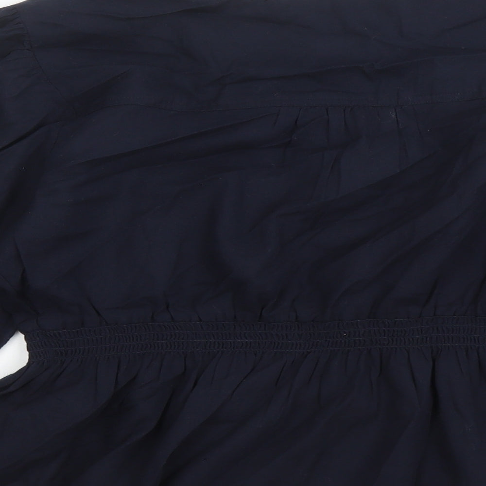 Marks and Spencer Womens Blue Cotton Basic Blouse Size 16 V-Neck - Embroidered Detail Elasticated Waist