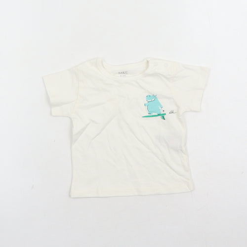 Marks and Spencer Boys White Cotton Basic T-Shirt Size 0-3 Months Round Neck Snap - Hippo Graphic
