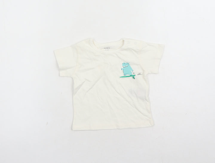 Marks and Spencer Boys White Cotton Basic T-Shirt Size 0-3 Months Round Neck Snap - Hippo Graphic