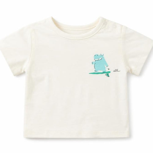 Marks and Spencer Boys White Cotton Basic T-Shirt Size 0-3 Months Round Neck Snap - Hippo Graphic