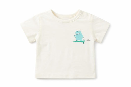 Front view of Marks & Spencer boys’ white cotton basic t-shirt, size 0-3, months round neck snap - hippo graphic