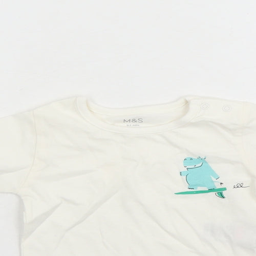 Marks and Spencer Boys White Cotton Basic T-Shirt Size 0-3 Months Round Neck Snap - Hippo Graphic