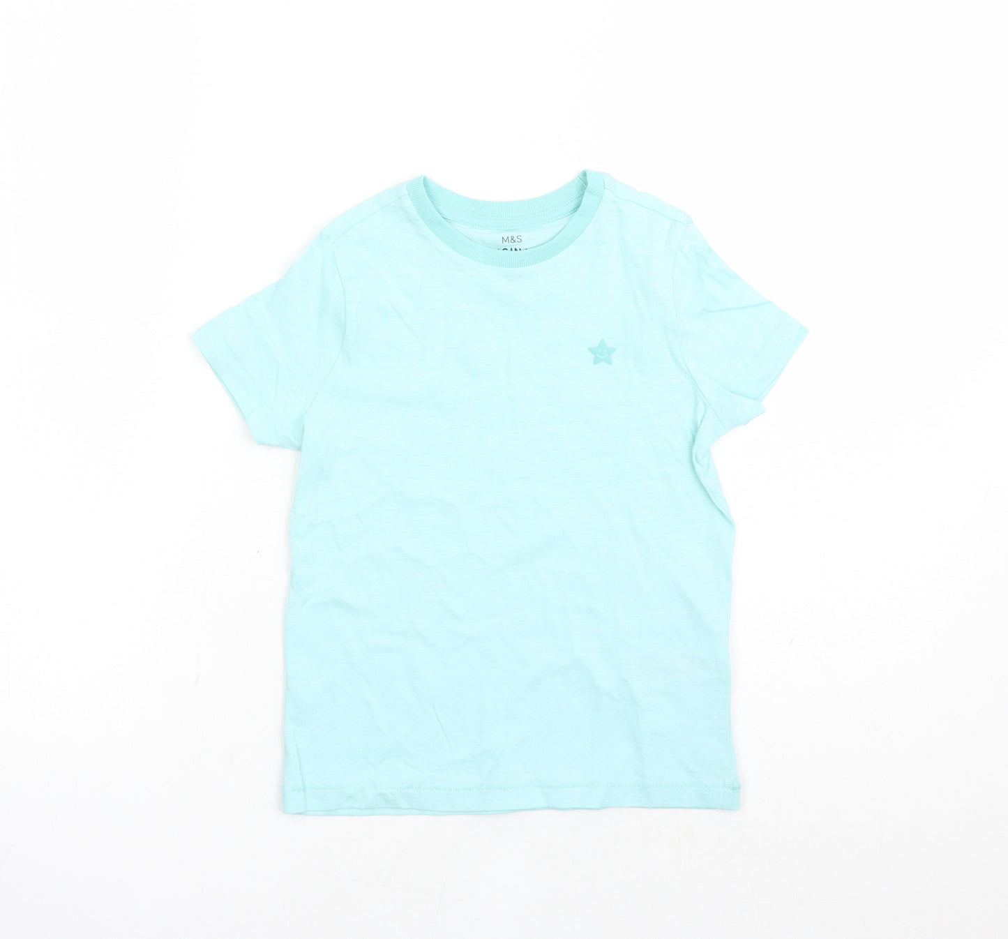 Marks and Spencer Boys Blue Cotton Basic T-Shirt Size 6-7 Years Crew Neck Pullover - Star Detail