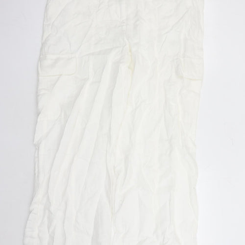 Marks and Spencer Womens White Linen Cargo Trousers Size 16 L27 in Regular Zip - Elasticated Waist