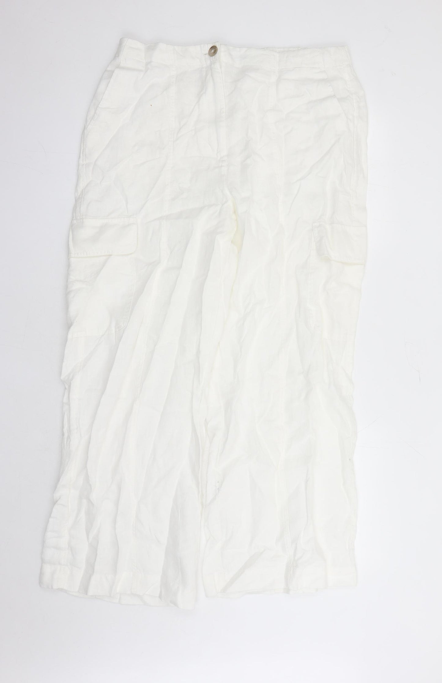 Marks and Spencer Womens White Linen Cargo Trousers Size 16 L27 in Regular Zip - Elasticated Waist