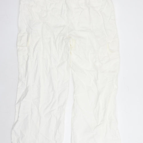 Marks and Spencer Womens White Linen Cargo Trousers Size 16 L27 in Regular Zip - Elasticated Waist
