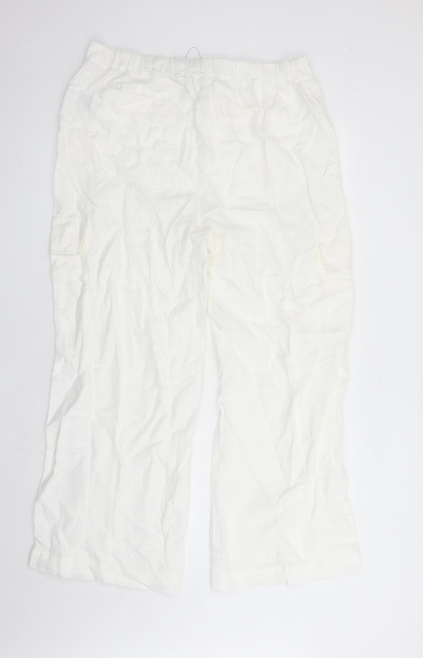 Marks and Spencer Womens White Linen Cargo Trousers Size 16 L27 in Regular Zip - Elasticated Waist