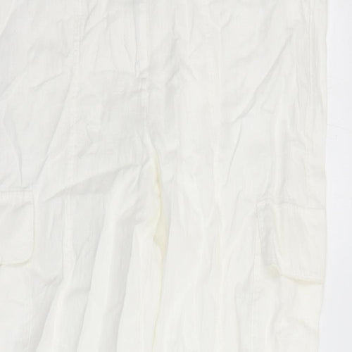 Marks and Spencer Womens White Linen Cargo Trousers Size 16 L27 in Regular Zip - Elasticated Waist