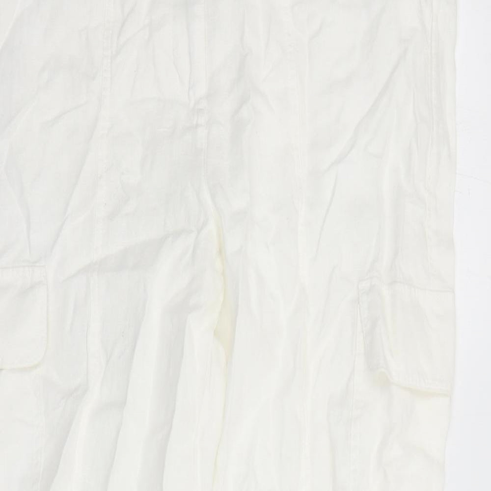 Marks and Spencer Womens White Linen Cargo Trousers Size 16 L27 in Regular Zip - Elasticated Waist
