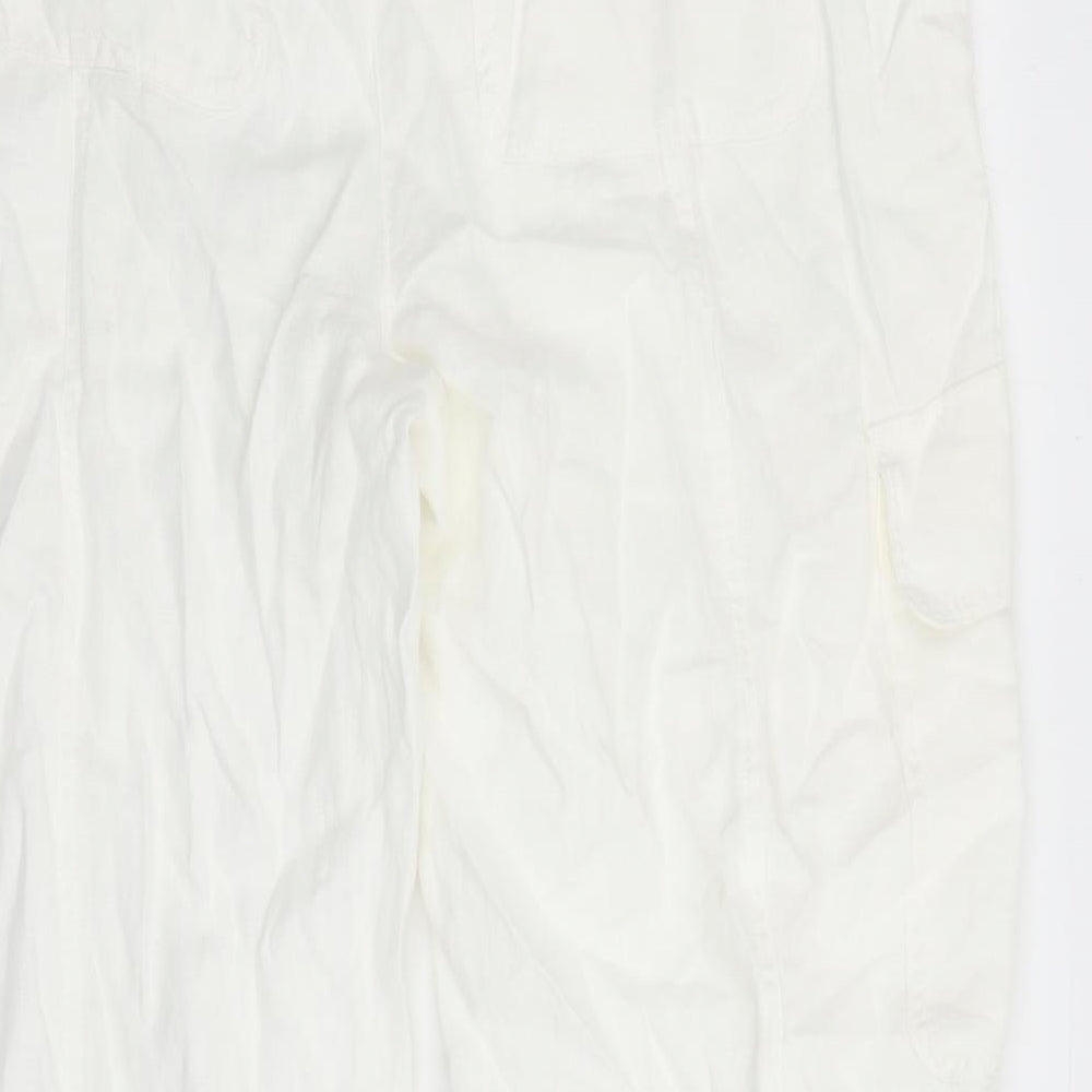 Marks and Spencer Womens White Linen Cargo Trousers Size 16 L27 in Regular Zip - Elasticated Waist