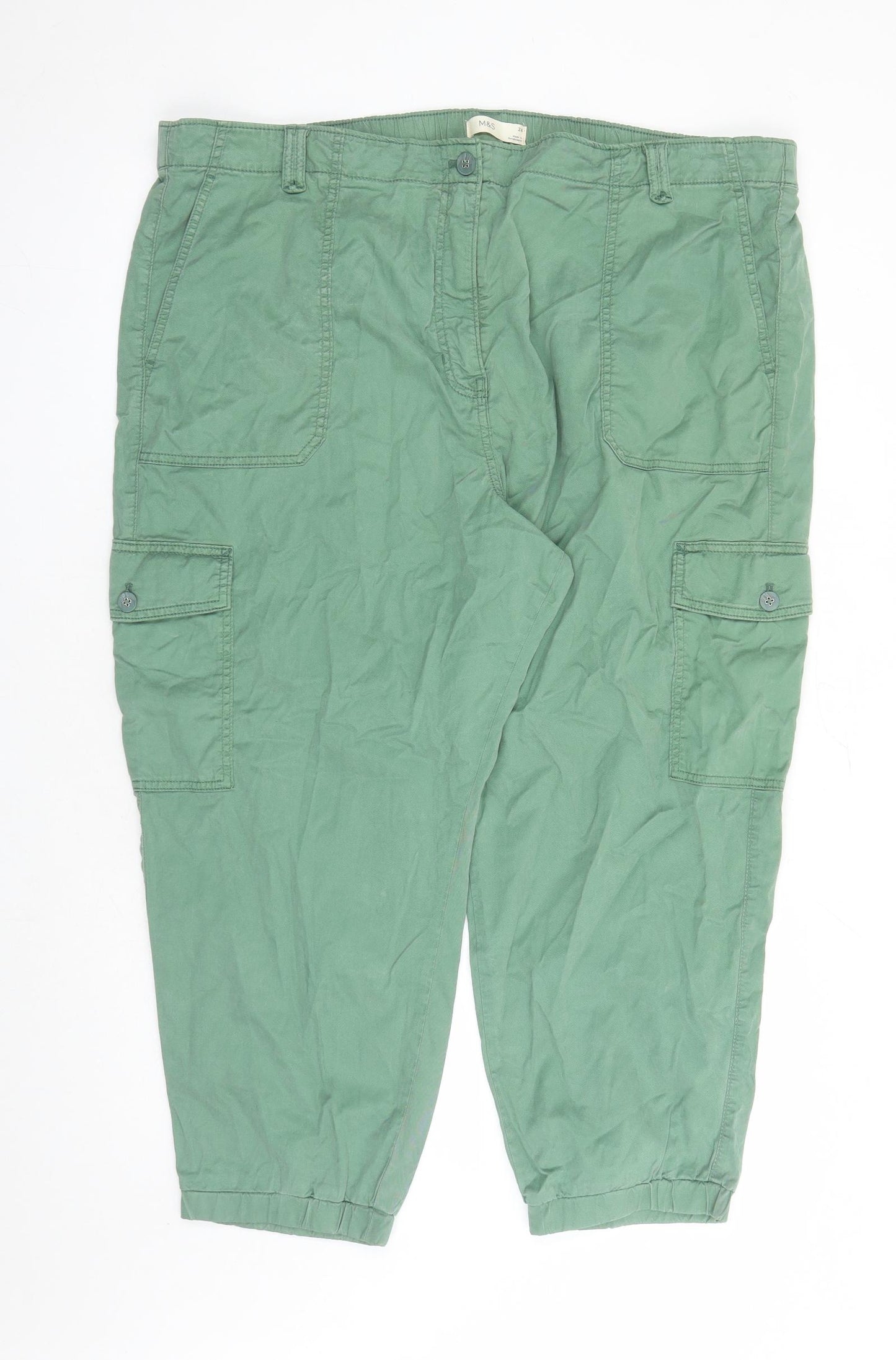 Marks and Spencer Womens Green Lyocell Cargo Trousers Size 24 L25 in Regular Zip - Elasticated Waist