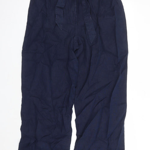 Marks and Spencer Womens Blue Linen Trousers Size 16 L30 in Regular Zip - Elasticated Waist Belted