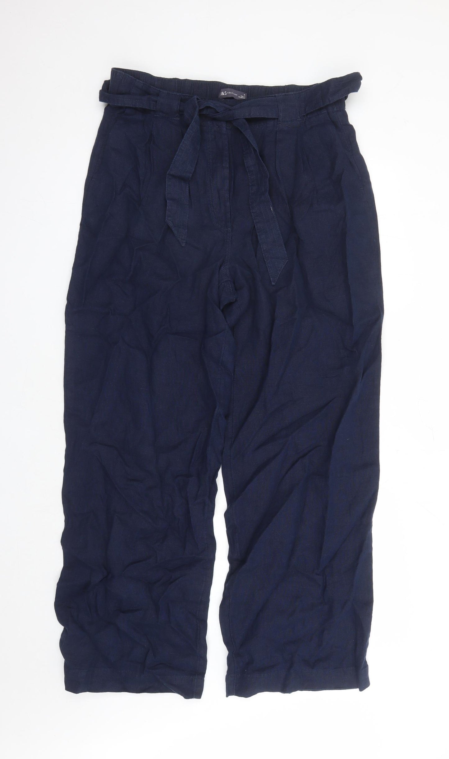 Marks and Spencer Womens Blue Linen Trousers Size 16 L30 in Regular Zip - Elasticated Waist Belted