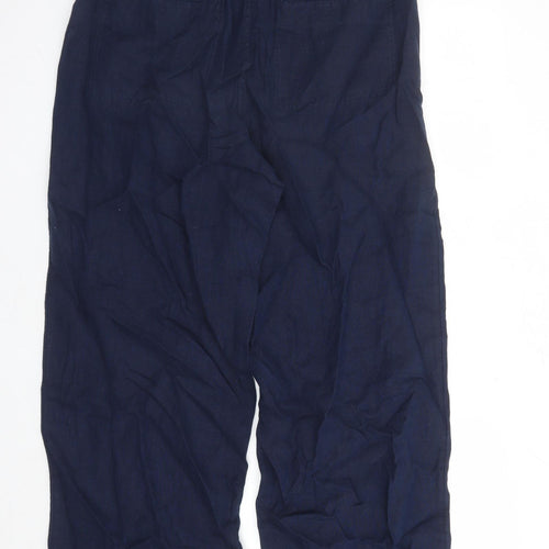 Marks and Spencer Womens Blue Linen Trousers Size 16 L30 in Regular Zip - Elasticated Waist Belted