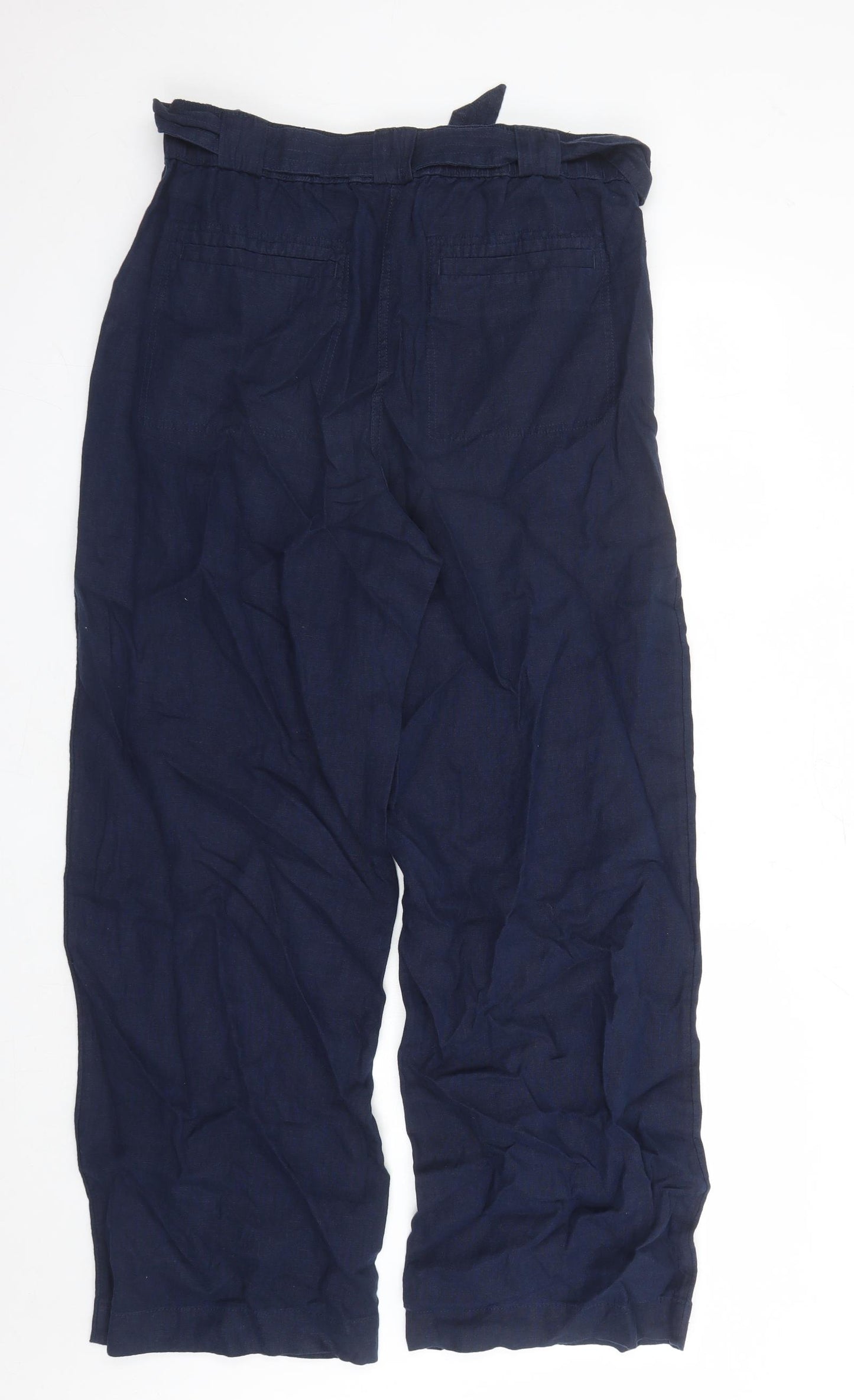 Marks and Spencer Womens Blue Linen Trousers Size 16 L30 in Regular Zip - Elasticated Waist Belted