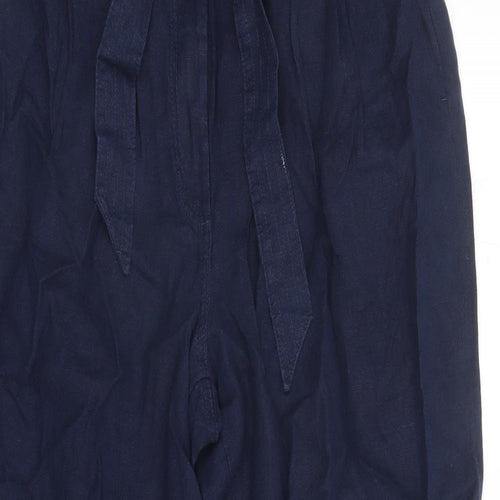 Marks and Spencer Womens Blue Linen Trousers Size 16 L30 in Regular Zip - Elasticated Waist Belted