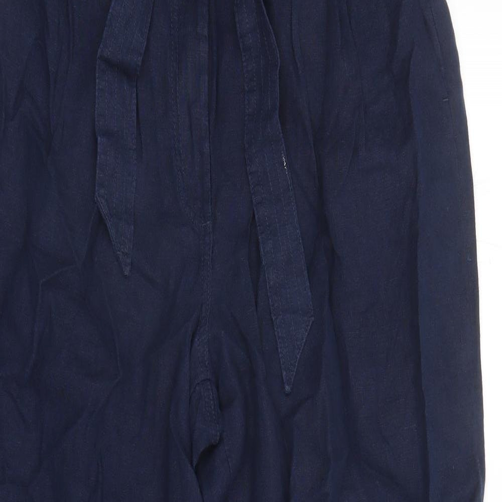Marks and Spencer Womens Blue Linen Trousers Size 16 L30 in Regular Zip - Elasticated Waist Belted