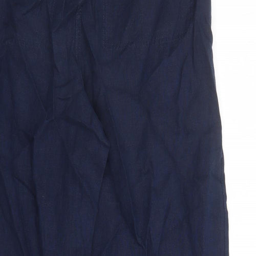 Marks and Spencer Womens Blue Linen Trousers Size 16 L30 in Regular Zip - Elasticated Waist Belted