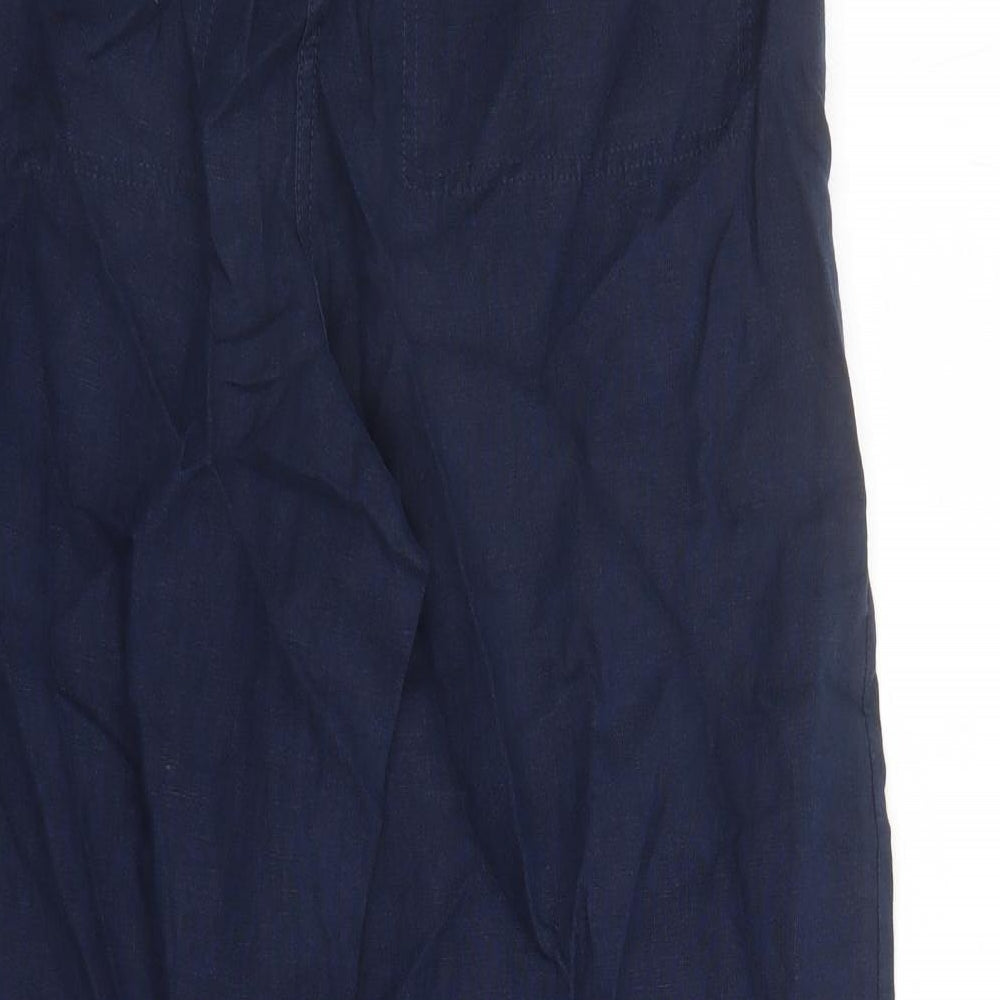 Marks and Spencer Womens Blue Linen Trousers Size 16 L30 in Regular Zip - Elasticated Waist Belted