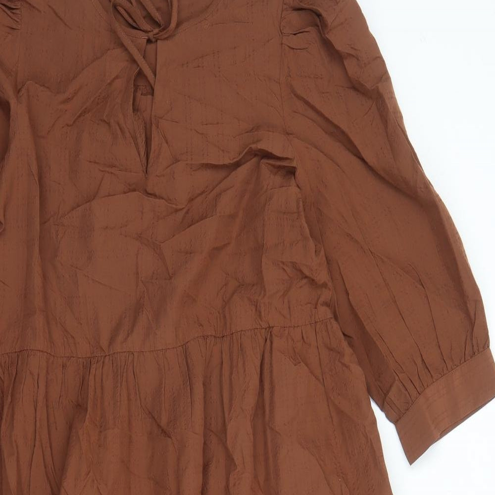 Marks and Spencer Womens Brown Geometric Modal A-Line Size 14 Round Neck Pullover - Keyhole Neckline