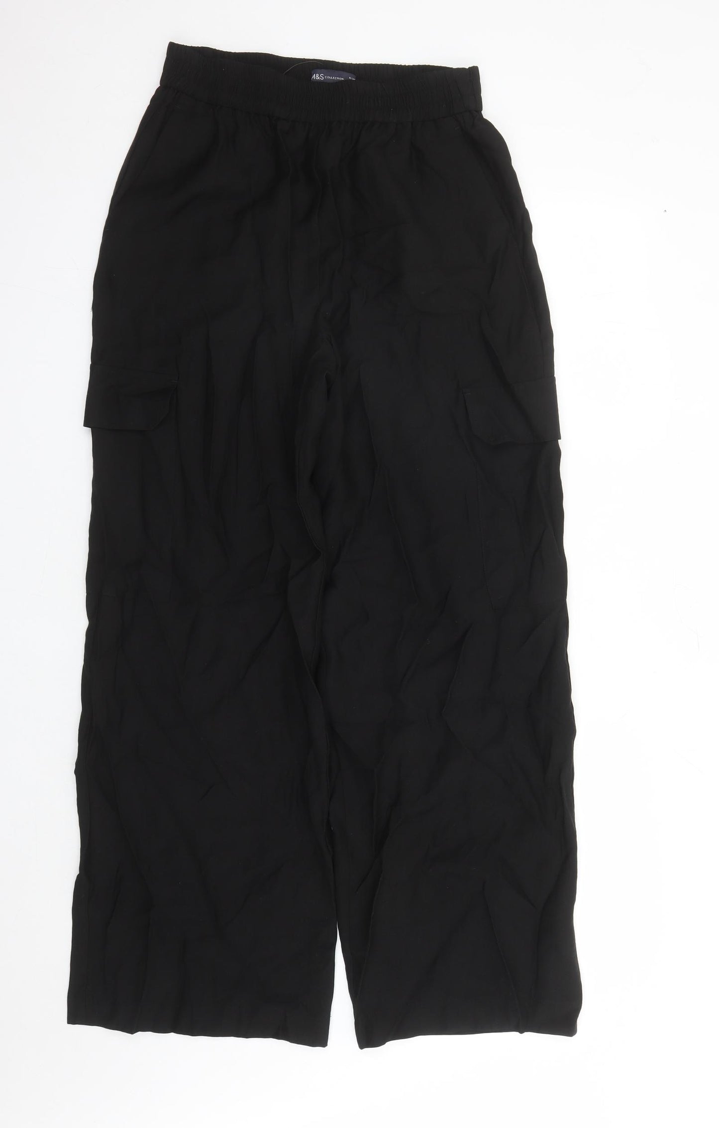 Marks and Spencer Womens Black Lyocell Cargo Trousers Size 10 L31 in Regular - Elasticated Waist Long Leg