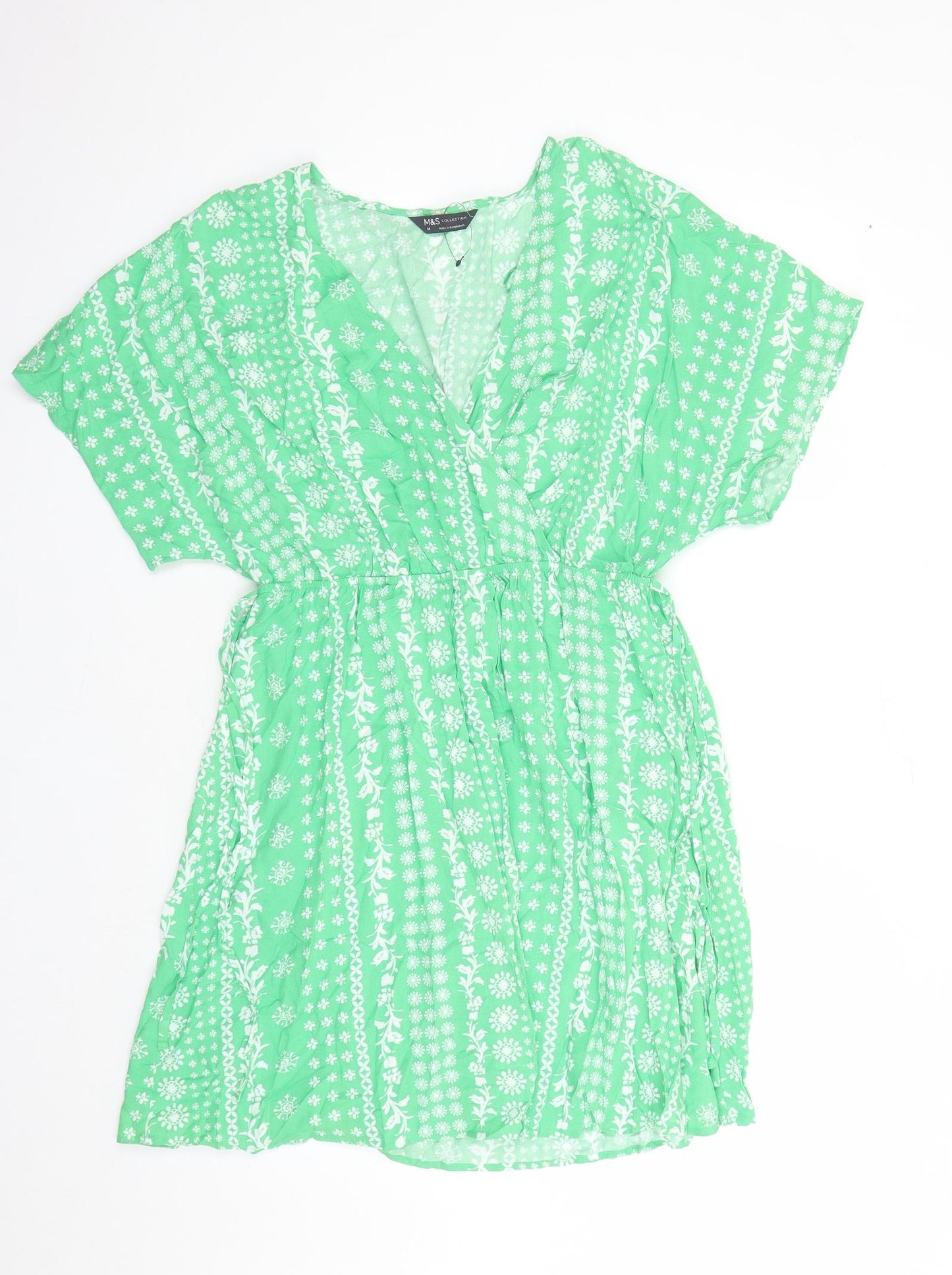 Marks and Spencer Womens Green Geometric Viscose A-Line Size 14 V-Neck Pullover