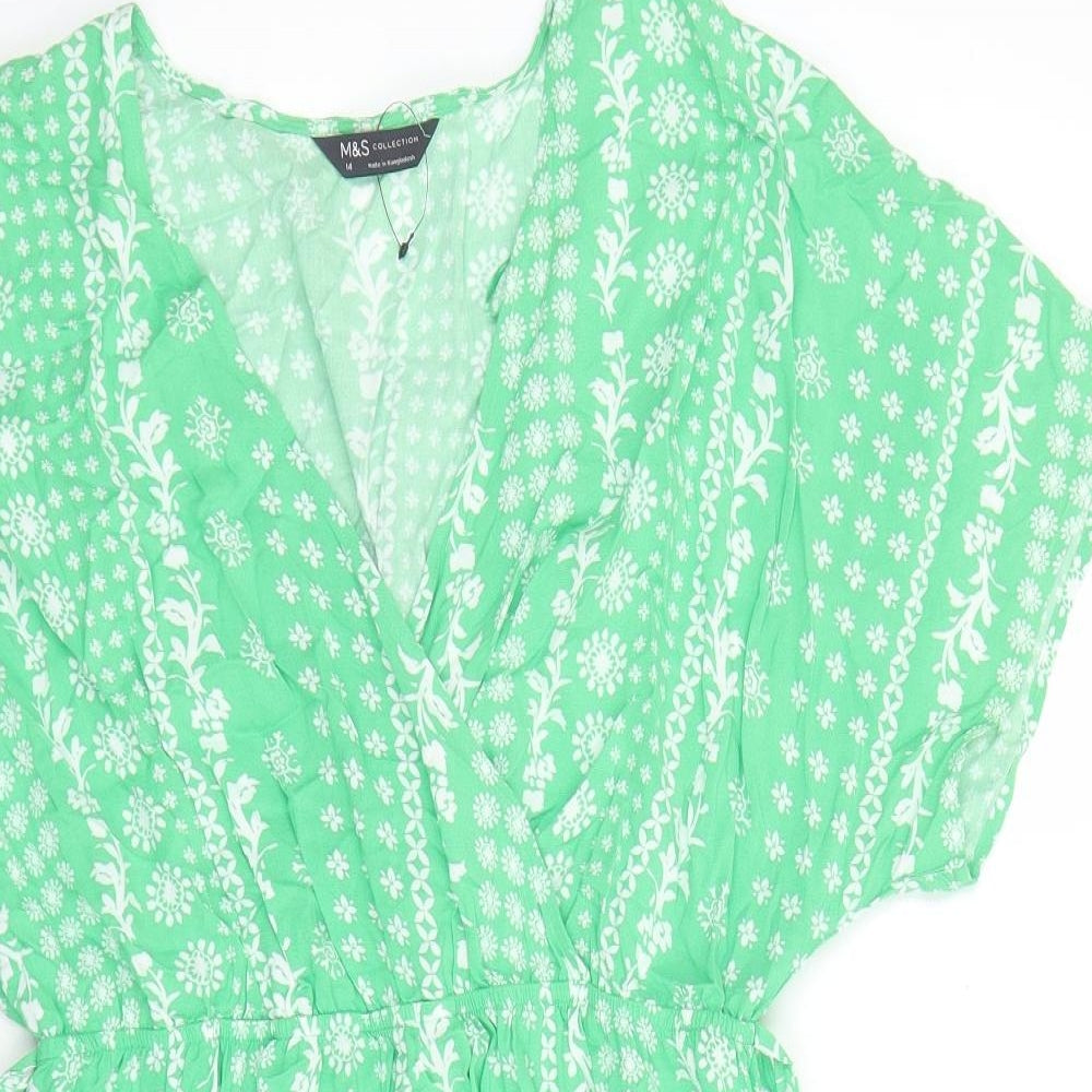 Marks and Spencer Womens Green Geometric Viscose A-Line Size 14 V-Neck Pullover