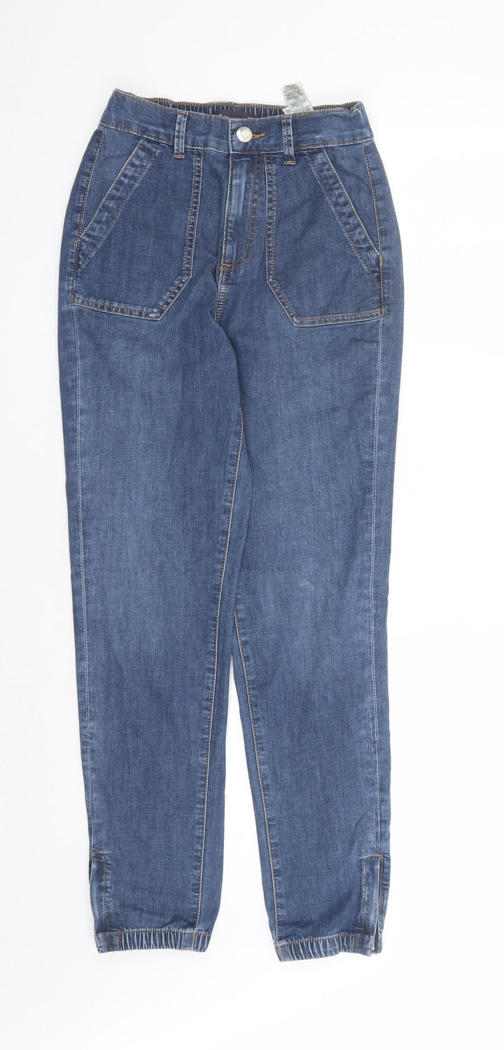 Marks and Spencer Womens Blue Cotton Straight Jeans Size 6 L27 in Slim Zip - Elasticated Waist