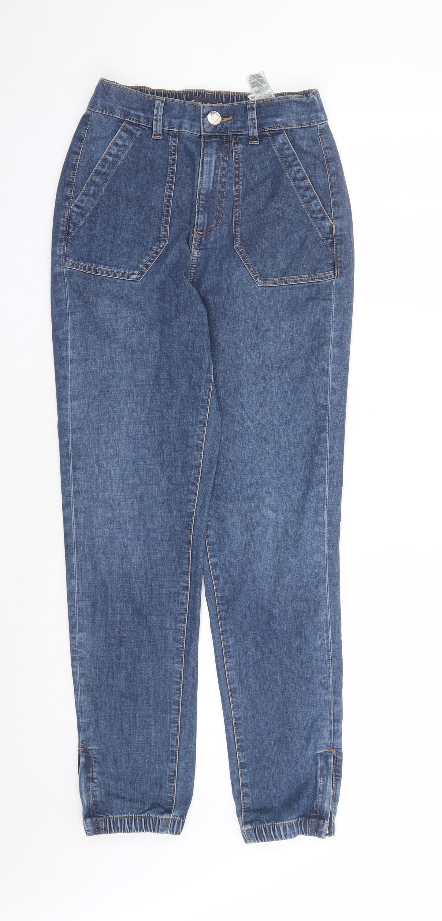 Marks and Spencer Womens Blue Cotton Straight Jeans Size 6 L27 in Slim Zip - Elasticated Waist
