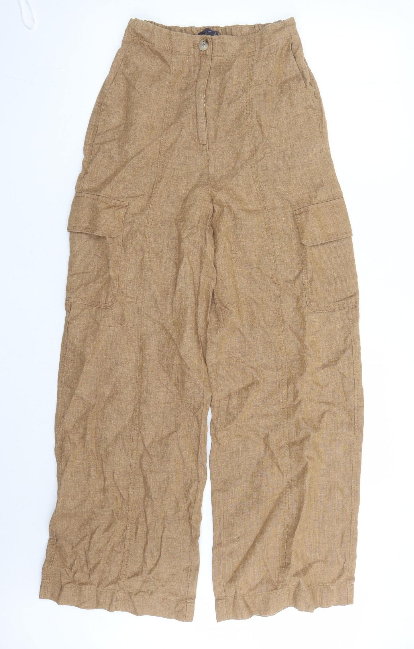 Marks and Spencer Womens Brown Flax Cargo Trousers Size 8 L31 in Regular Zip - Elasticated Waist