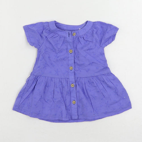 Marks and Spencer Baby Blue Cotton A-Line Size 0-3 Months Round Neck Button - Embroidered