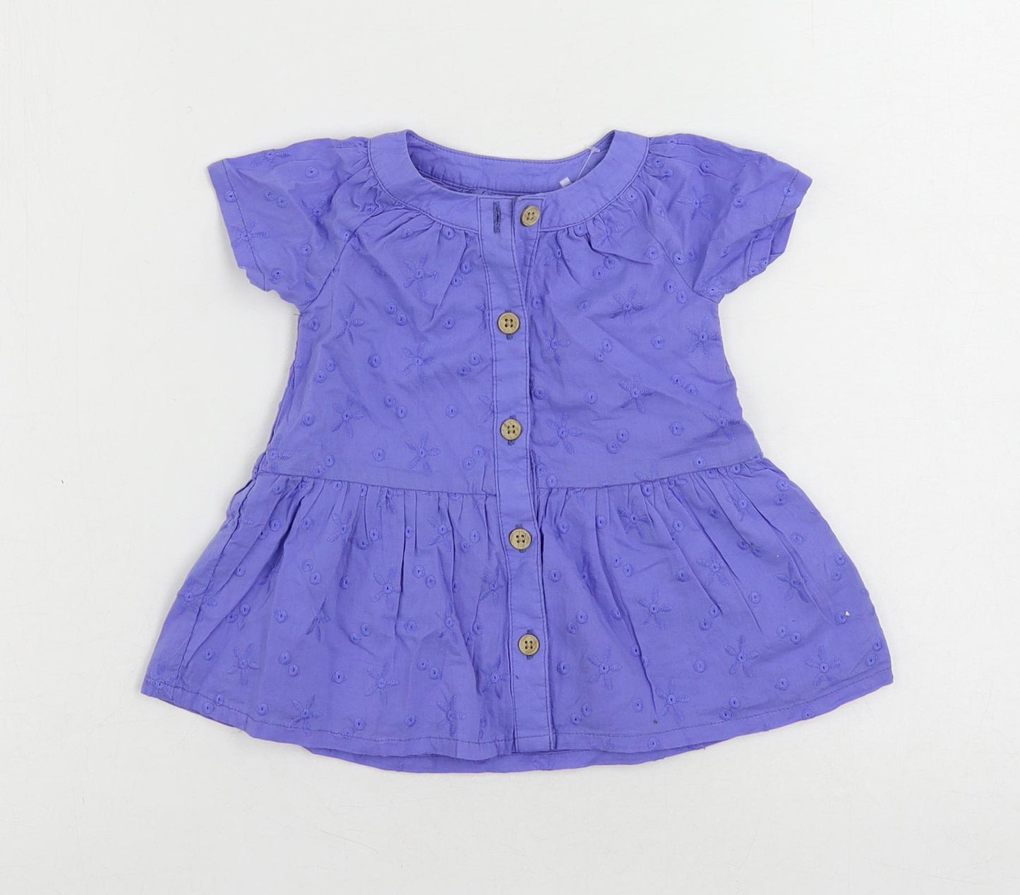 Marks and Spencer Baby Blue Cotton A-Line Size 0-3 Months Round Neck Button - Embroidered