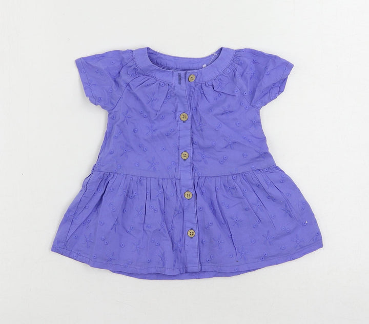 Marks and Spencer Baby Blue Cotton A-Line Size 0-3 Months Round Neck Button - Embroidered