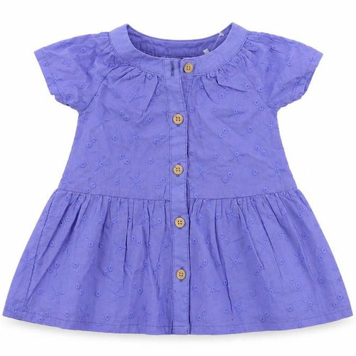 Marks and Spencer Baby Blue Cotton A-Line Size 0-3 Months Round Neck Button - Embroidered