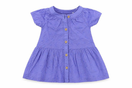 Front view of Marks & Spencer Baby Blue Cotton A-Line, size 0-3, Months Round Neck Button - Embroidered