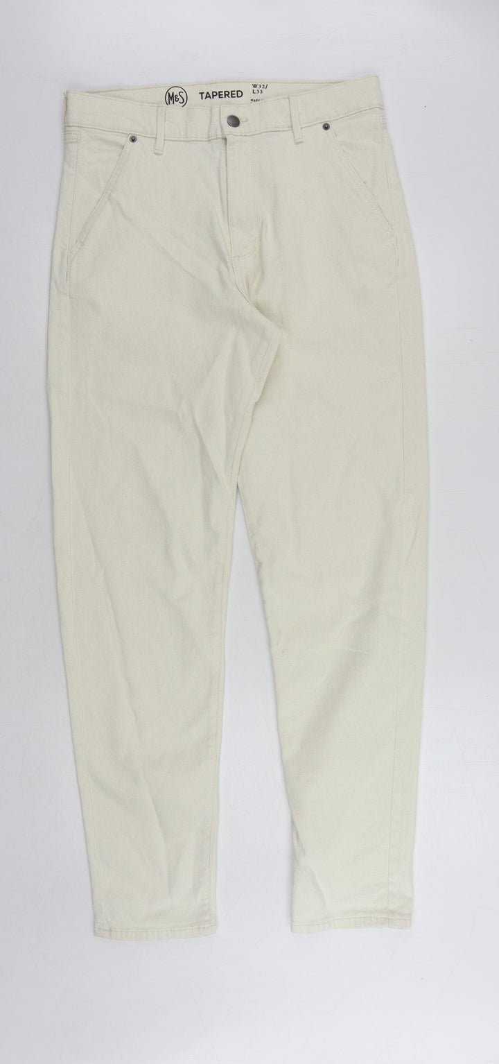 Marks and Spencer Womens Ivory Cotton Trousers Size 32 in L33 in Regular Button