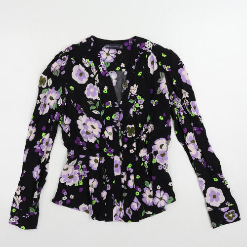 Marks and Spencer Womens Black Floral Viscose Basic Button-Up Size 8 V-Neck