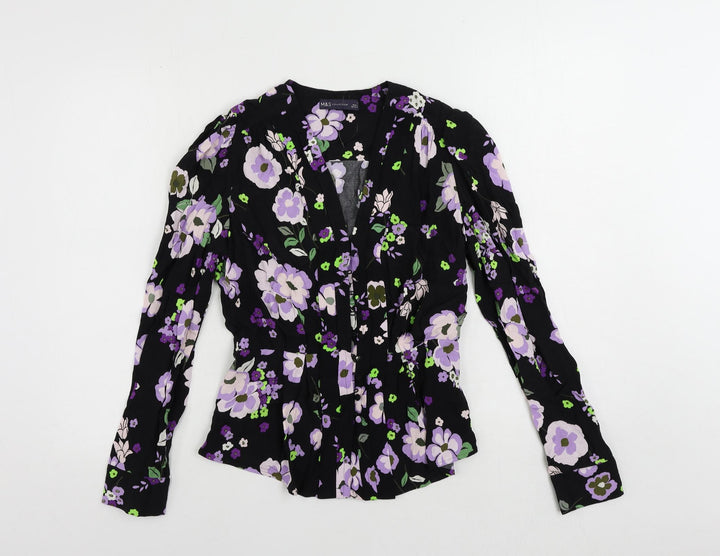 Marks and Spencer Womens Black Floral Viscose Basic Button-Up Size 8 V-Neck