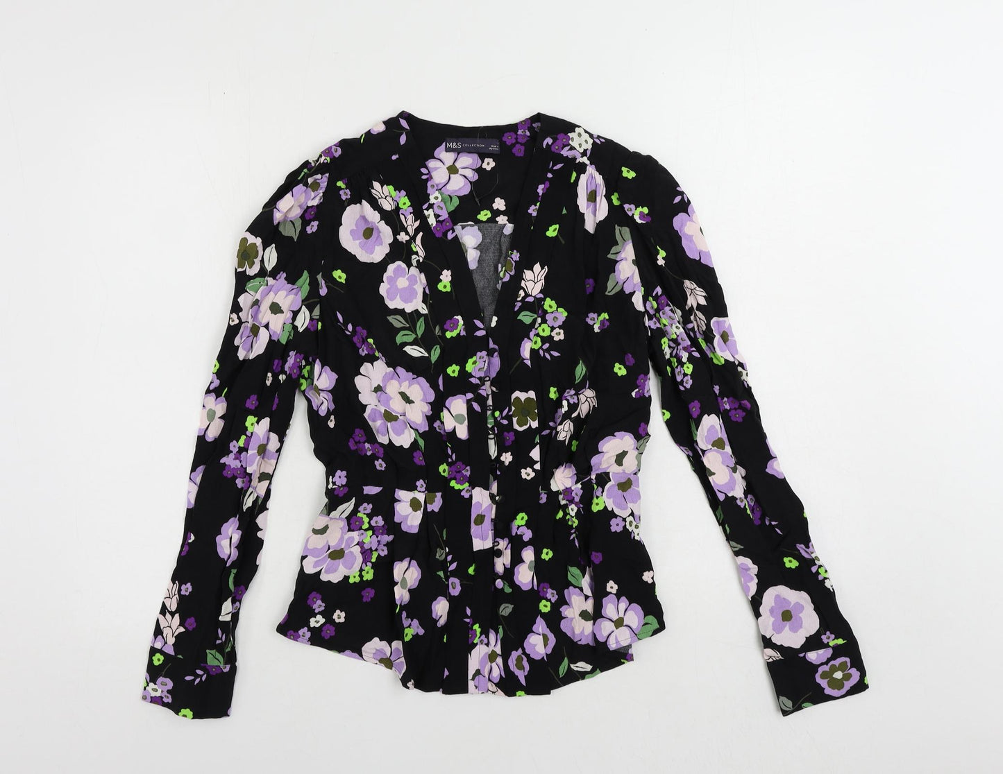 Marks and Spencer Womens Black Floral Viscose Basic Button-Up Size 8 V-Neck