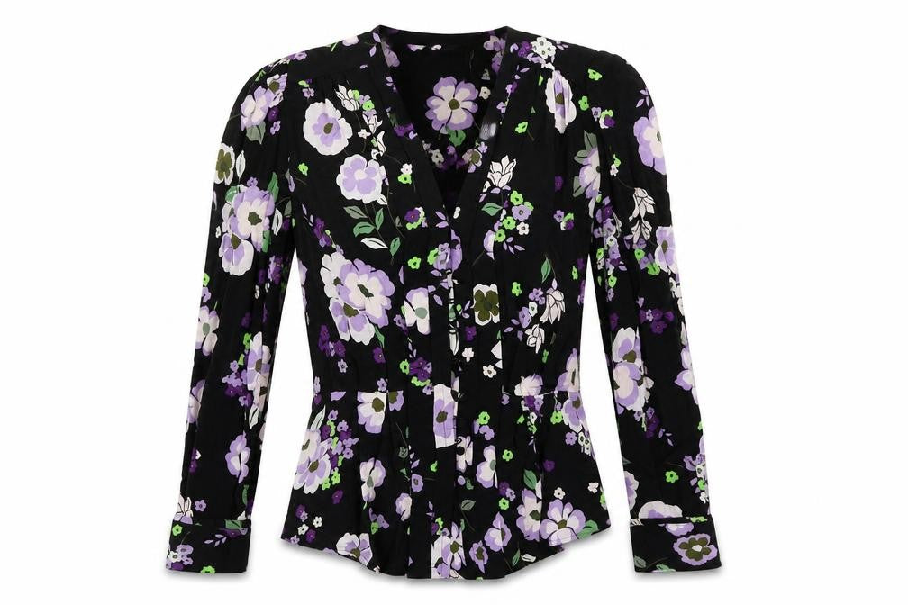 Front view of Marks & Spencer women’s black floral viscose basic button-up, size UK 8, v-neck