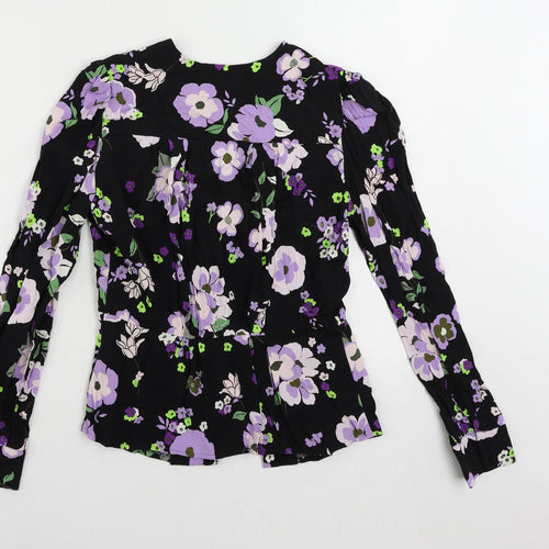 Marks and Spencer Womens Black Floral Viscose Basic Button-Up Size 8 V-Neck