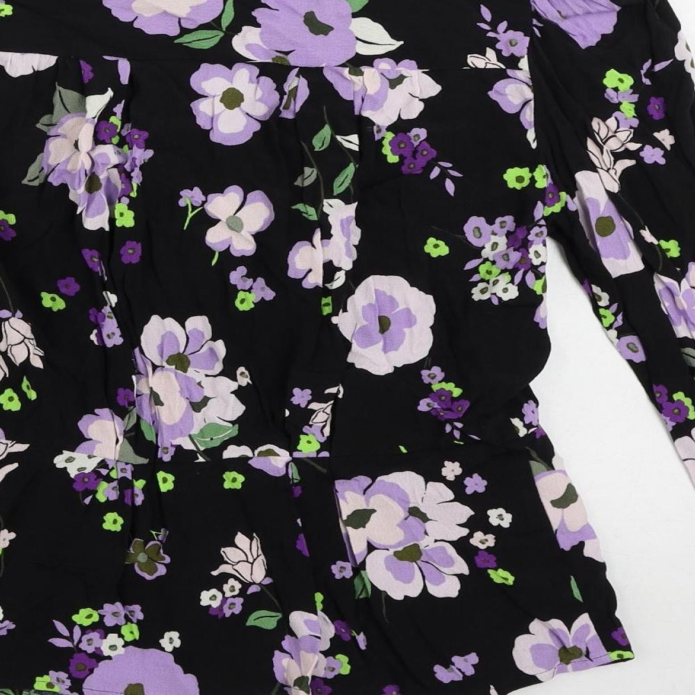 Marks and Spencer Womens Black Floral Viscose Basic Button-Up Size 8 V-Neck