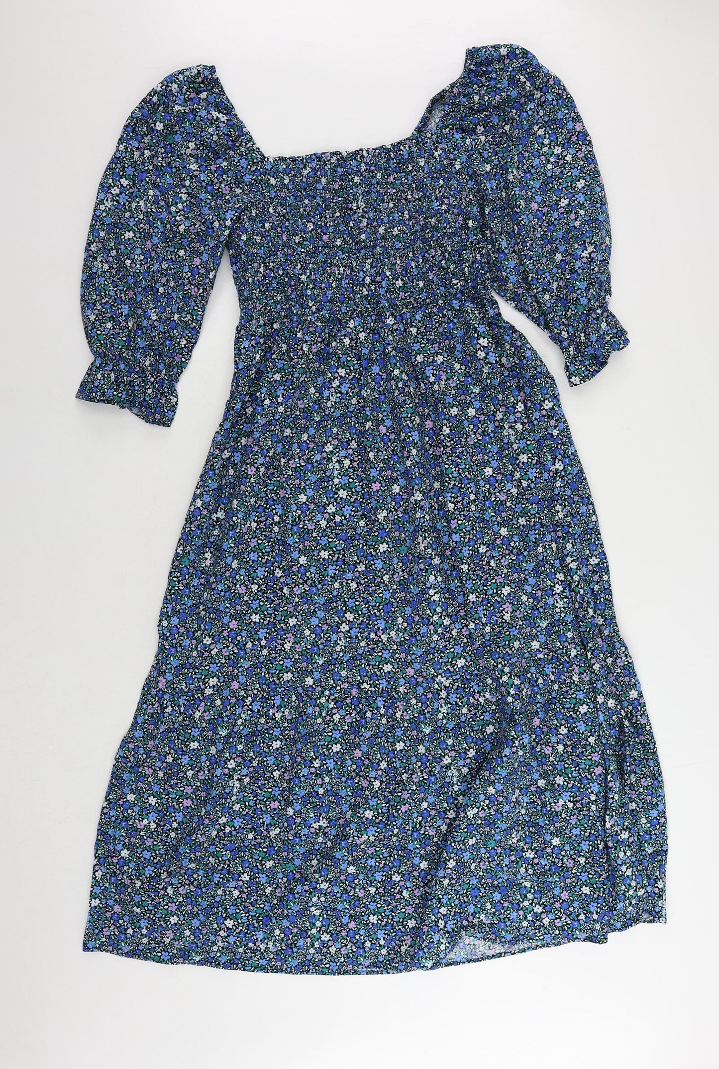 Marks and Spencer Womens Blue Floral Cotton A-Line Size 14 Square Neck Pullover - Shirred