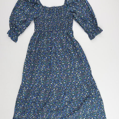 Marks and Spencer Womens Blue Floral Cotton A-Line Size 14 Square Neck Pullover - Shirred