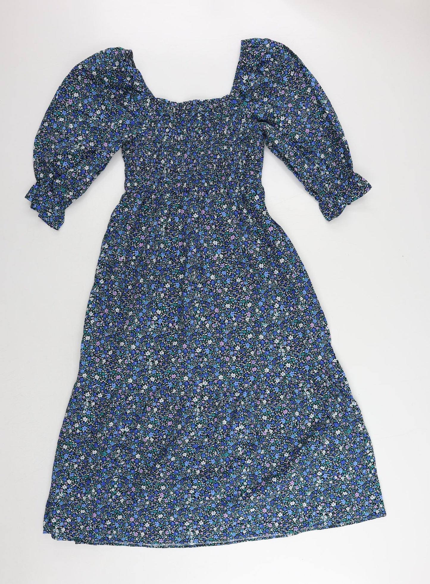Marks and Spencer Womens Blue Floral Cotton A-Line Size 14 Square Neck Pullover - Shirred