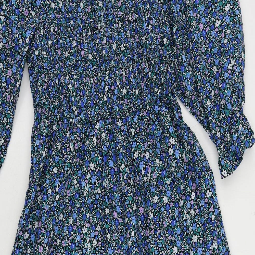 Marks and Spencer Womens Blue Floral Cotton A-Line Size 14 Square Neck Pullover - Shirred