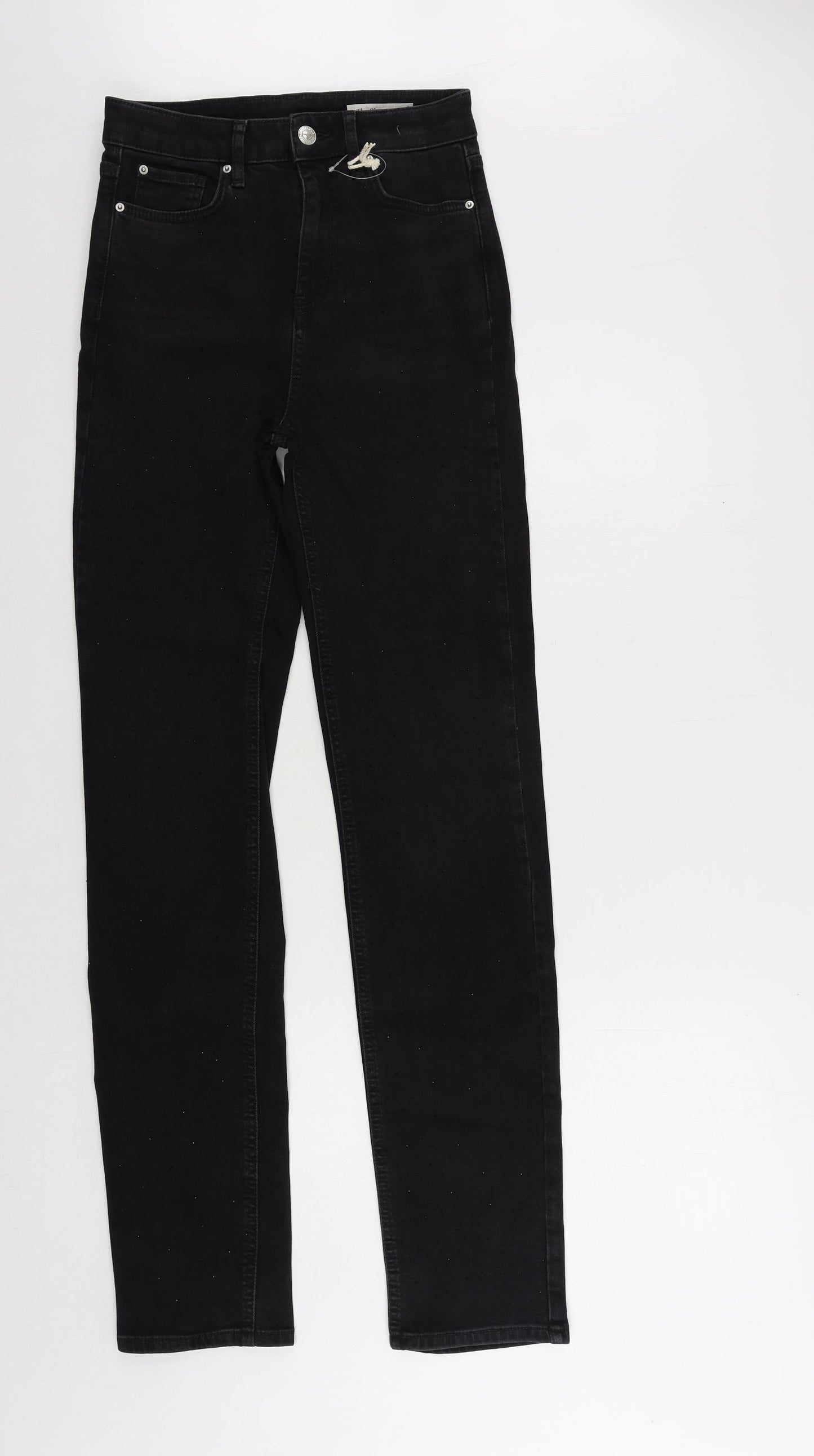 Marks and Spencer Womens Black Cotton Straight Jeans Size 8 L34 in Regular Zip - Rhinestone