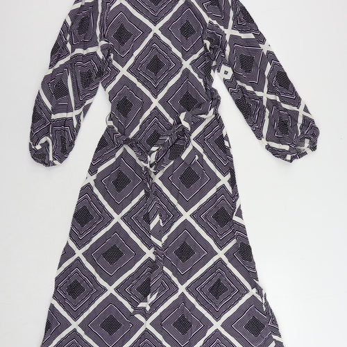 Marks and Spencer Womens Purple Geometric Viscose A-Line Size 8 Round Neck Zip - Belted