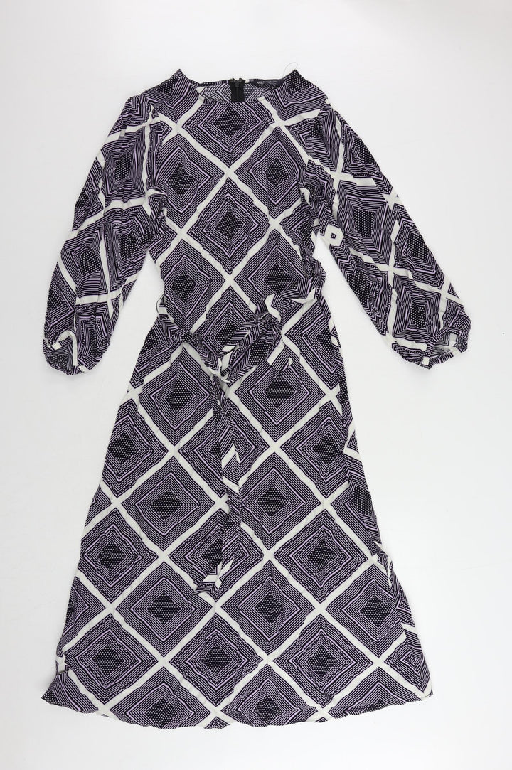 Marks and Spencer Womens Purple Geometric Viscose A-Line Size 8 Round Neck Zip - Belted