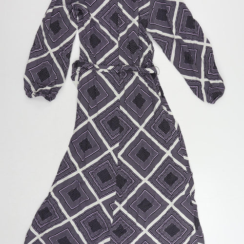 Marks and Spencer Womens Purple Geometric Viscose A-Line Size 8 Round Neck Zip - Belted